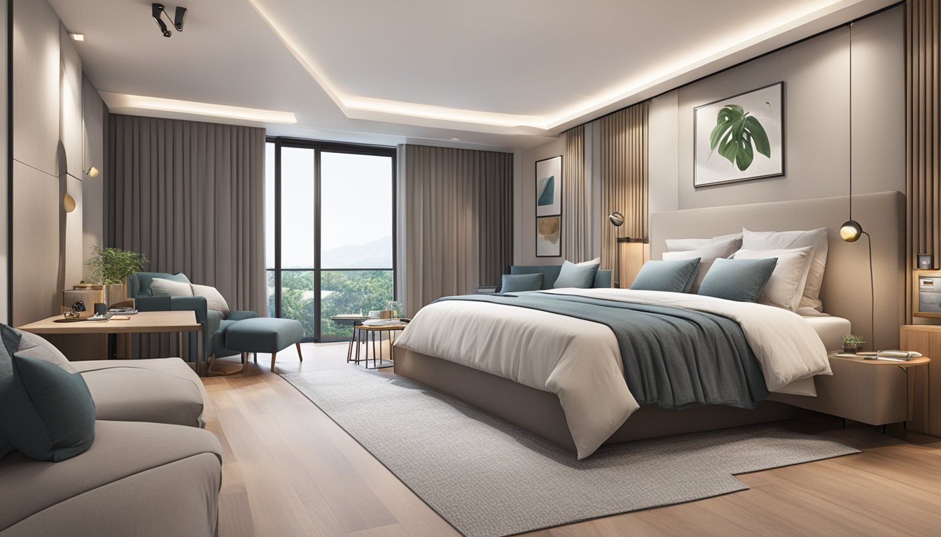 A cozy, modern bedroom in Singapore with a 3 in 1 bed, featuring sleek design and soft, inviting bedding