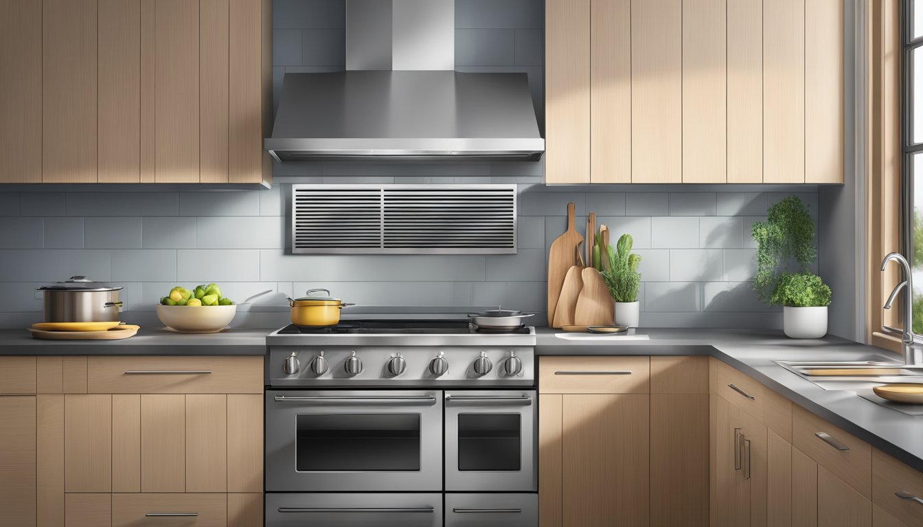 A stainless steel kitchen hood grill with sleek, horizontal slats and a powerful exhaust fan mounted above a modern stovetop