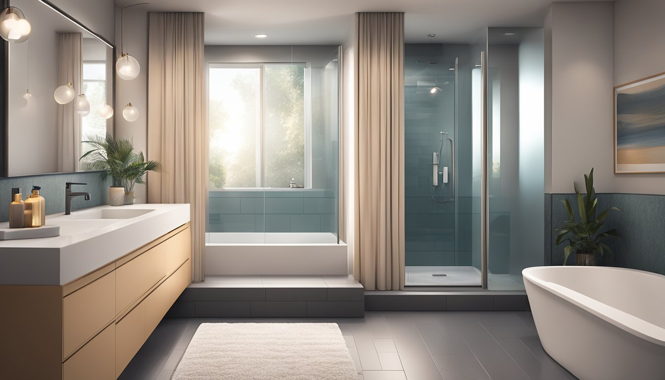 A hand reaches for a plush bath mat in a modern bathroom, surrounded by sleek fixtures and soft lighting