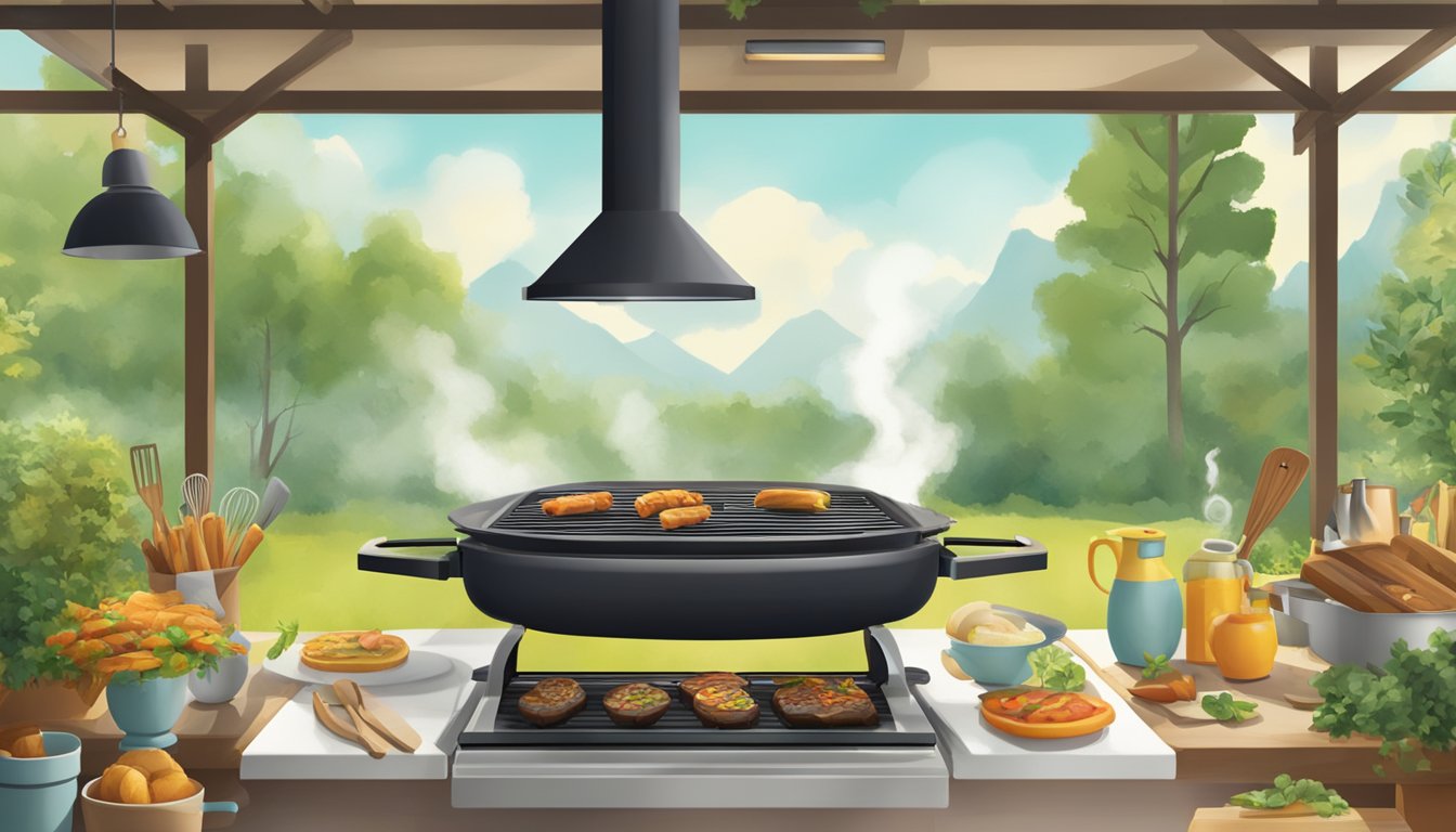 A kitchen hood grill sizzling with food as smoke rises, surrounded by outdoor cooking utensils and a backdrop of nature