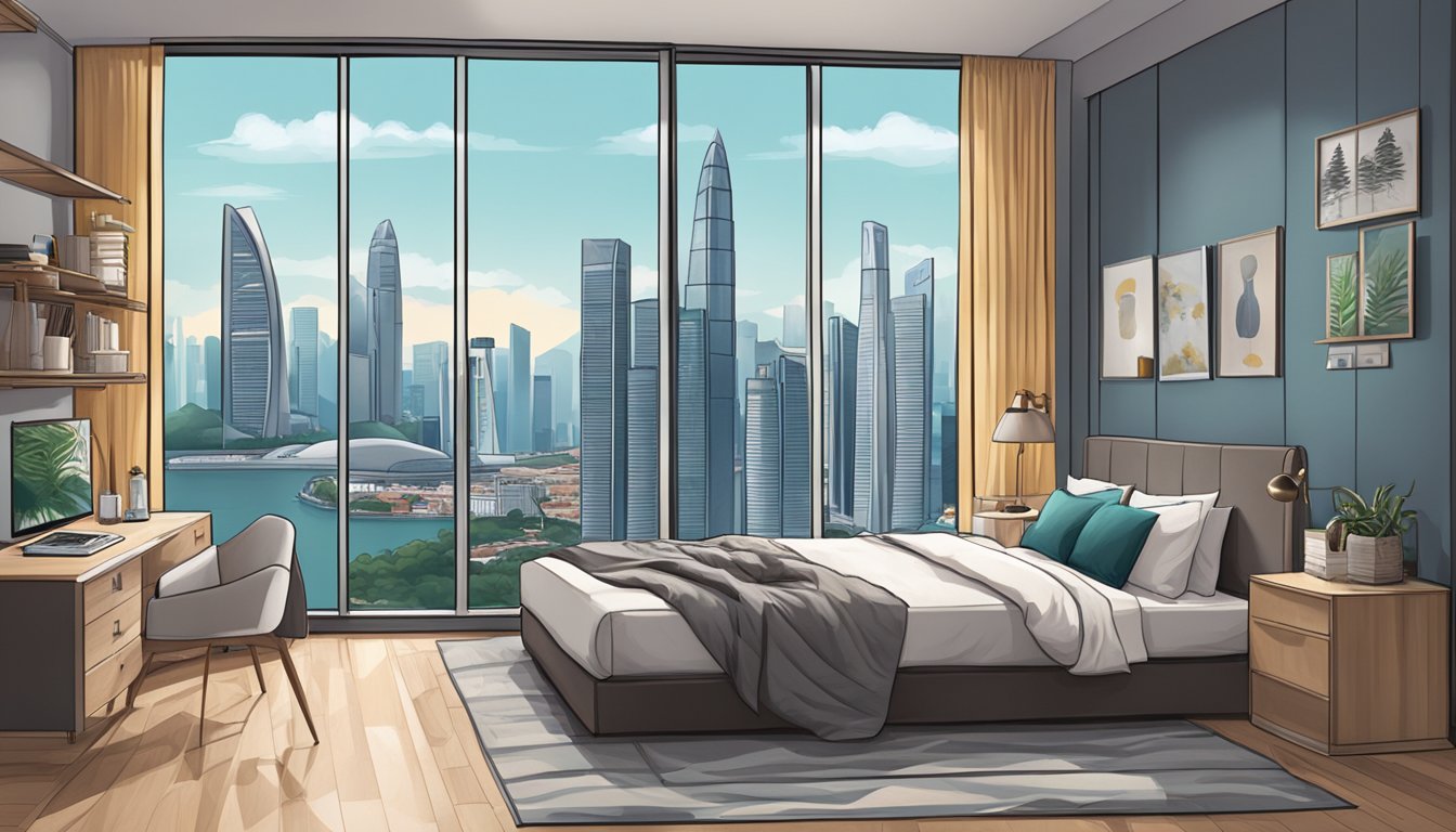 A cozy bedroom with a 3 in 1 bed set against a backdrop of the Singapore skyline and iconic landmarks