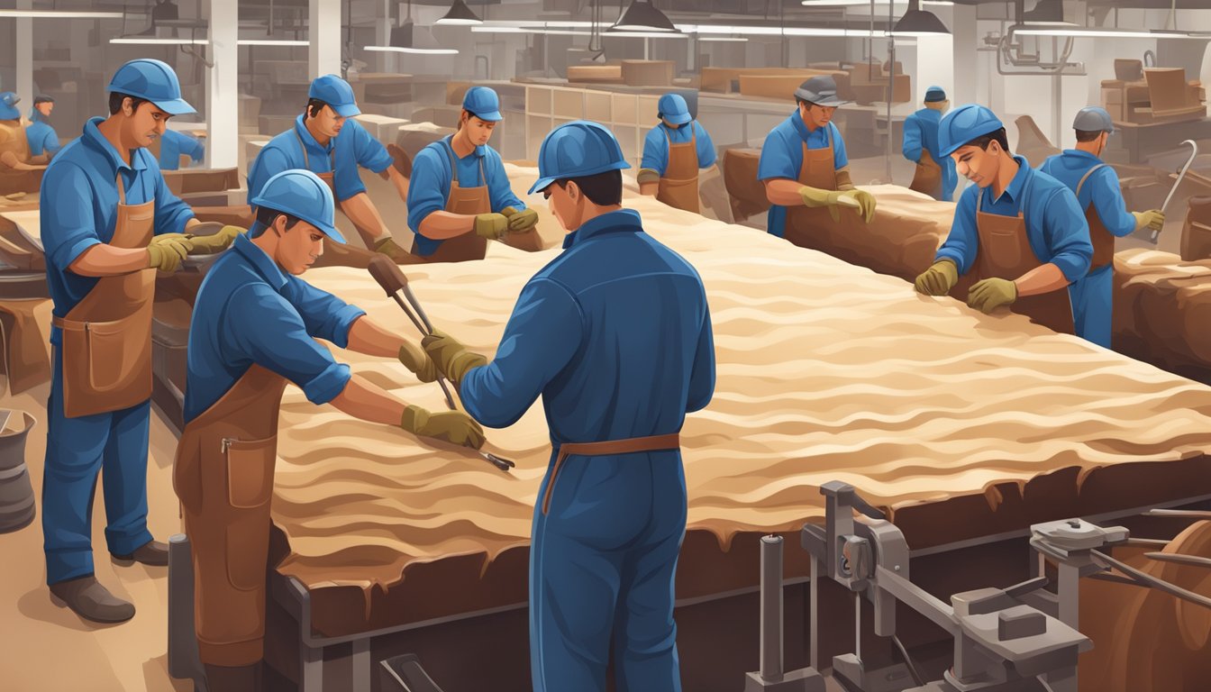 A group of workers in a factory carefully crafting full grain leather sofas, surrounded by leather hides, tools, and machinery