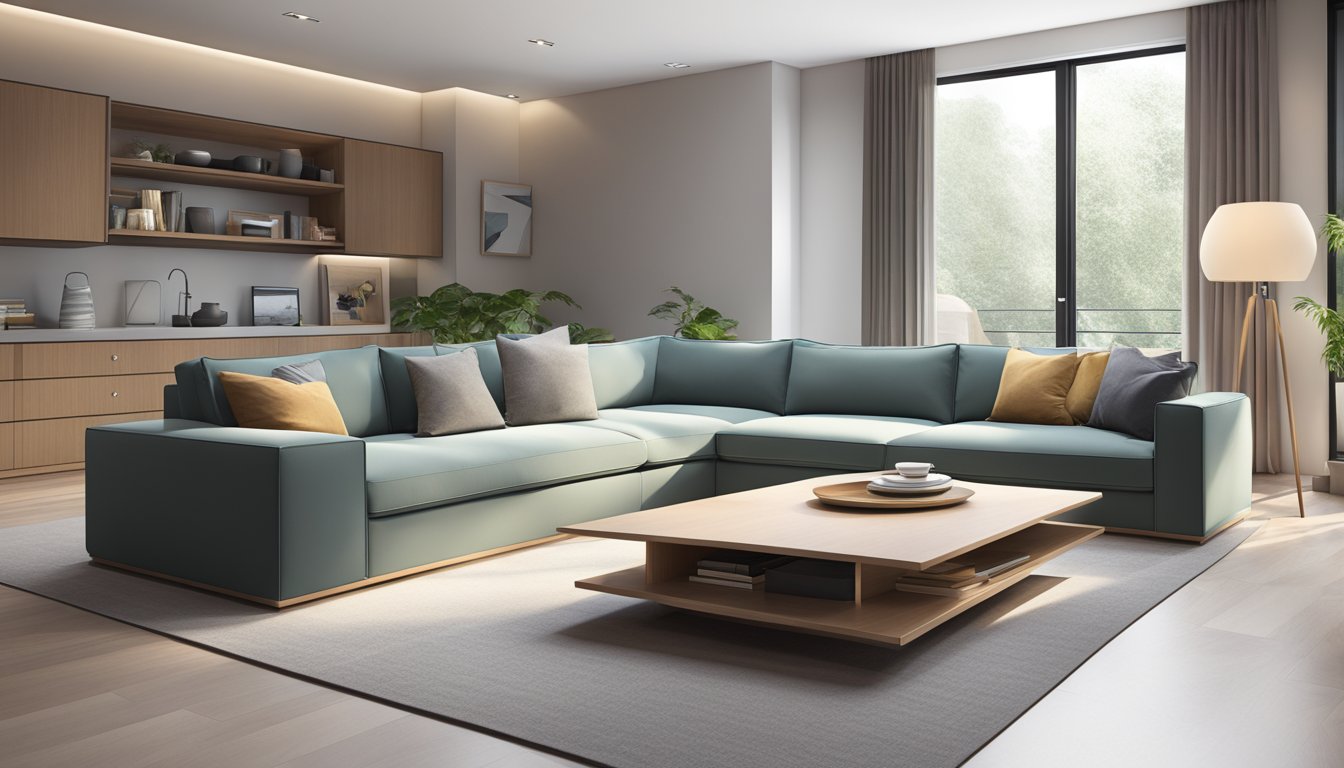 A modern living room with a sleek nesting coffee table featuring hidden storage compartments. Clean lines and minimalist design