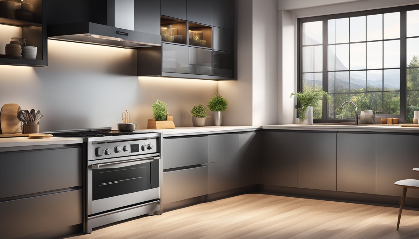 A multi purpose oven sits on a sleek countertop, its stainless steel exterior gleaming under the warm kitchen lights. The oven door is slightly ajar, revealing a glimpse of the glowing interior