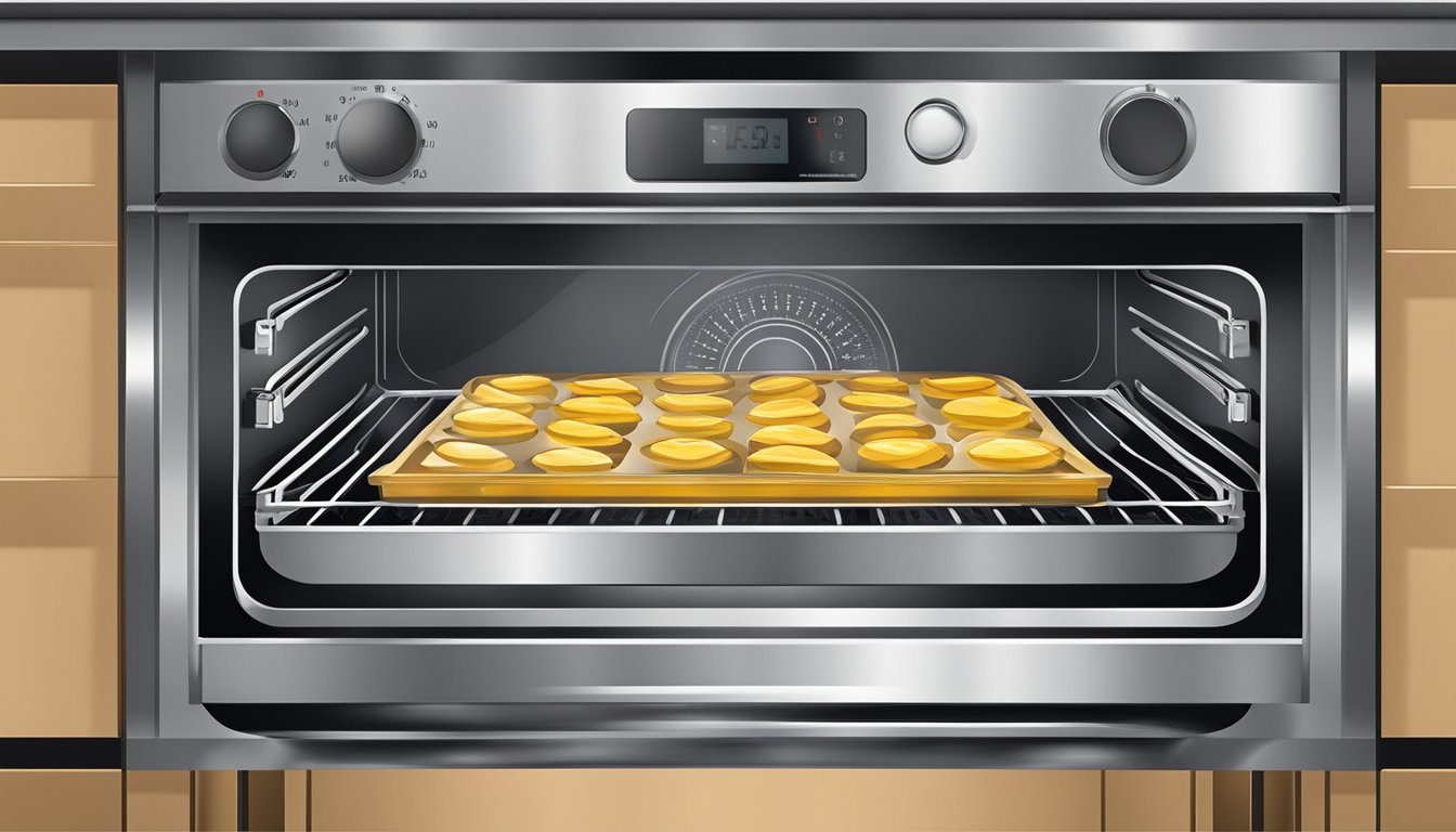 Aluminum foil lines the bottom of the oven, with a clear caution sign nearby. Temperature dial is set to a safe level