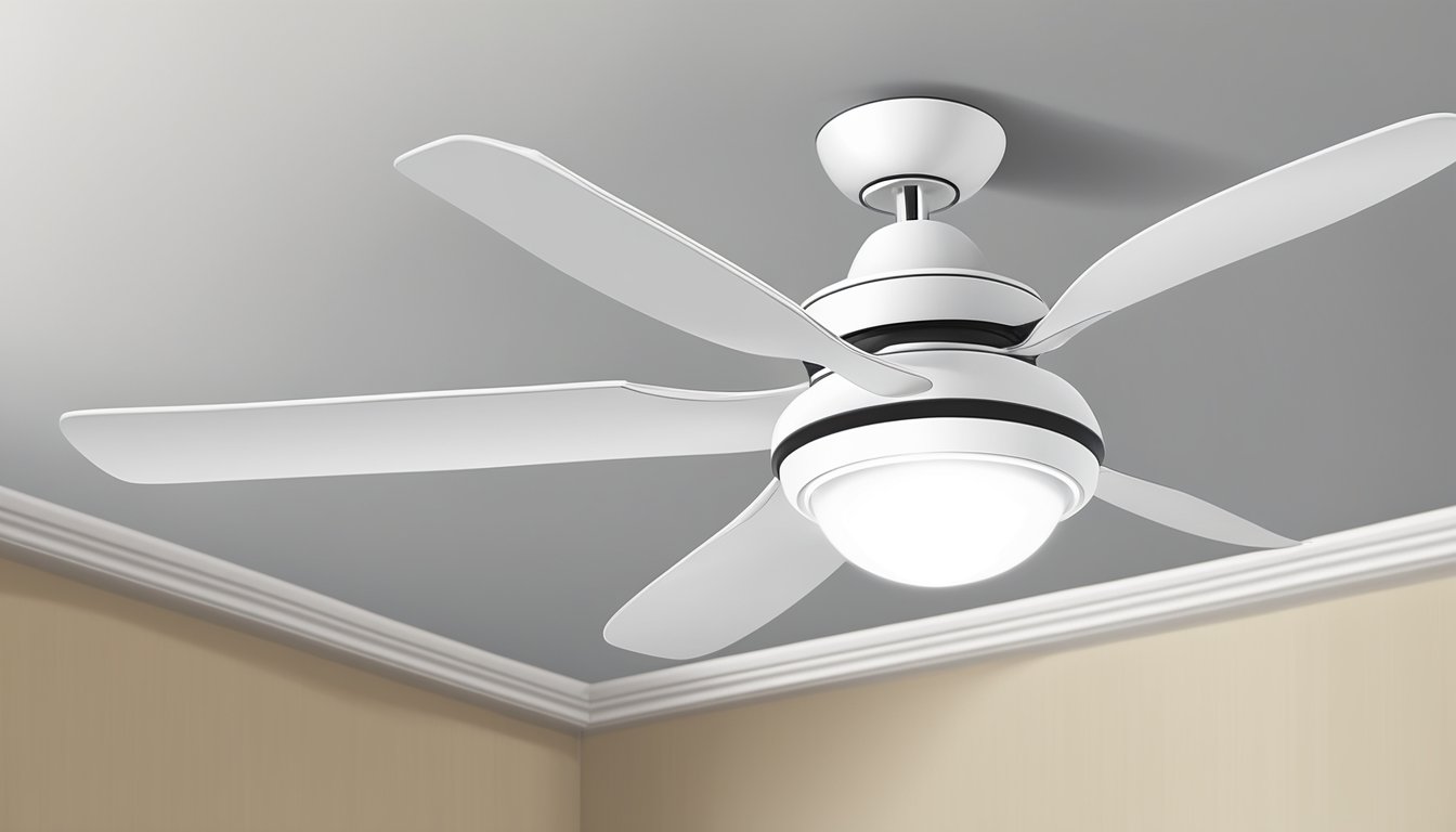 A simple white ceiling fan with integrated light hangs from a plain ceiling in a modestly furnished room in Singapore