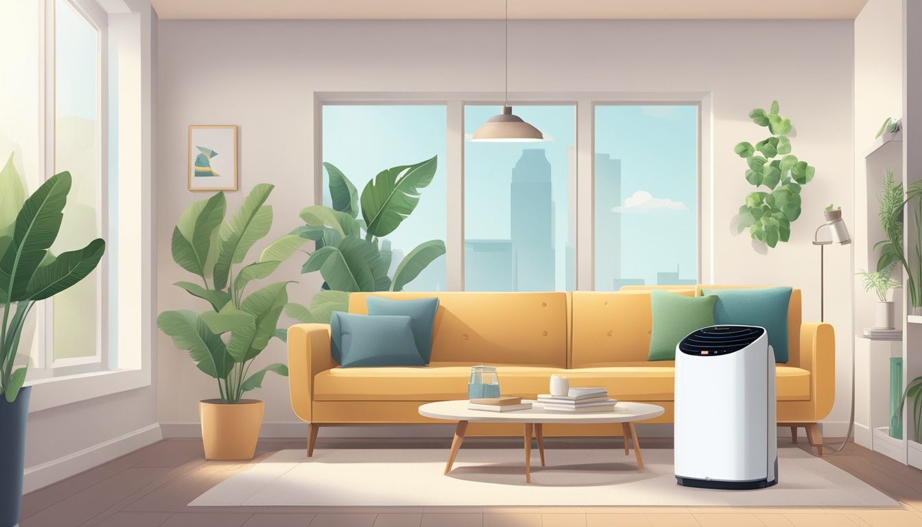 A dehumidifier sits on a shelf in a bright, modern living room, surrounded by sleek furniture and potted plants. The price tag is prominently displayed