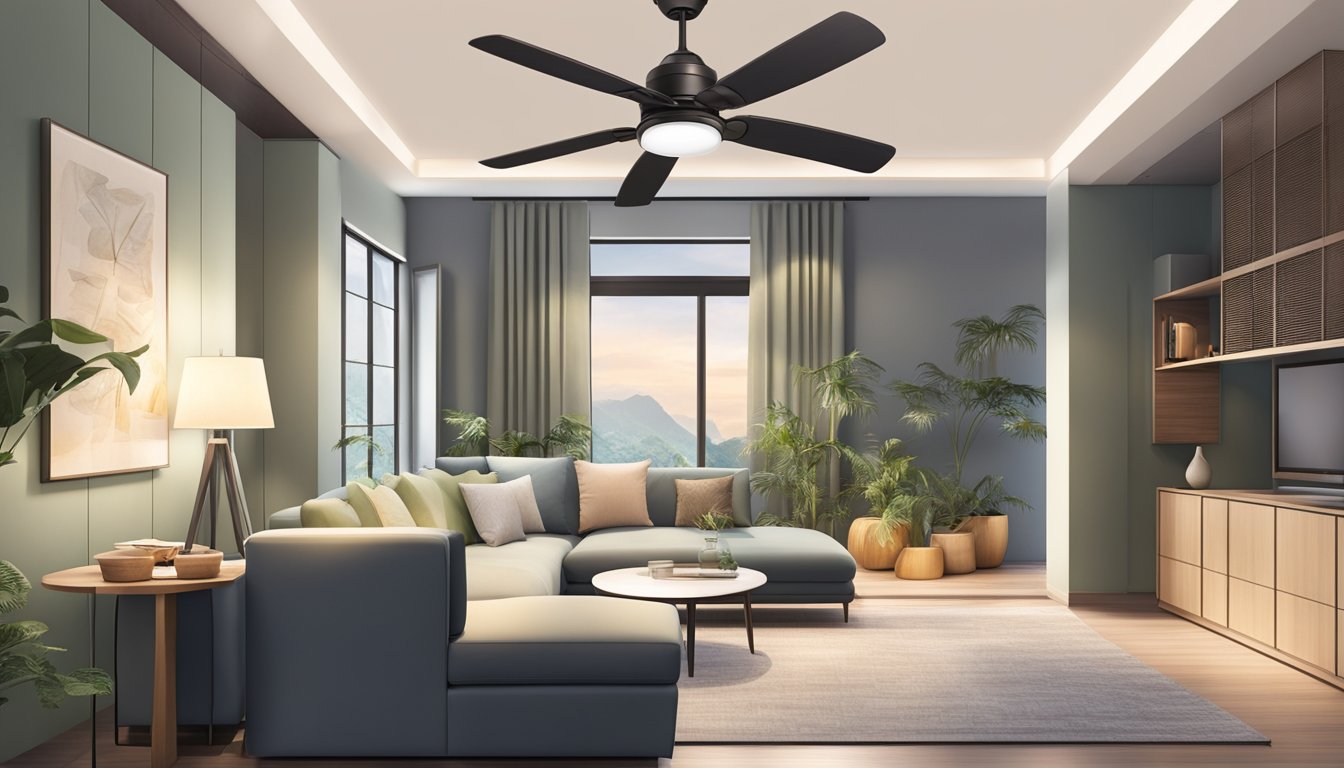 A hand reaches for a sleek, modern ceiling fan with integrated light, set against a backdrop of a cozy Singapore home interior