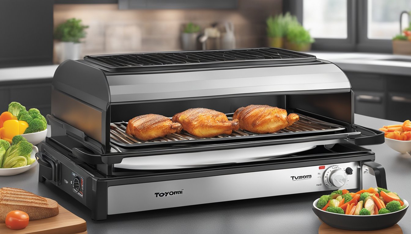 The Toyomi turbo broiler sizzles as it cooks a succulent roast, emitting a tantalizing aroma throughout the kitchen
