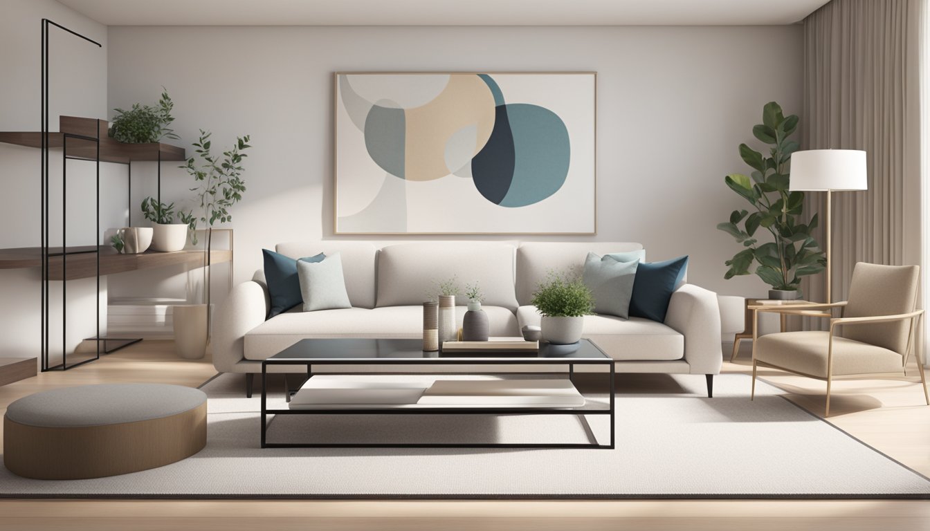 A sleek, rectangular coffee table sits atop a neutral-colored rug in a minimalist living room. Its clean lines and simple design exude modern elegance