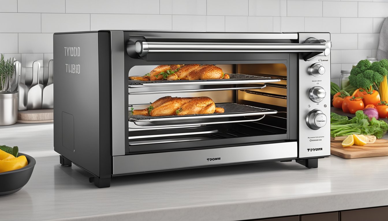 A Toyomi turbo broiler sits on a kitchen countertop, with its sleek stainless steel exterior and digital display. The interior is spacious, with multiple racks for cooking various dishes