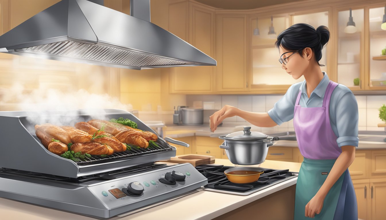 A toyomi turbo broiler sits on a kitchen counter. Steam rises from the top as it cooks food. A customer service representative answers a call in the background
