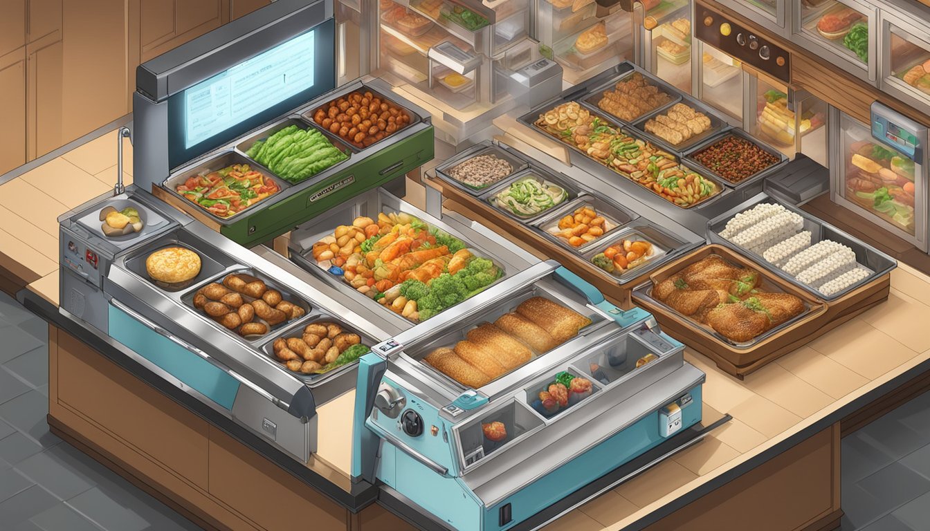 A Toyomi turbo broiler surrounded by various food items and a list of frequently asked questions displayed on a screen beside it