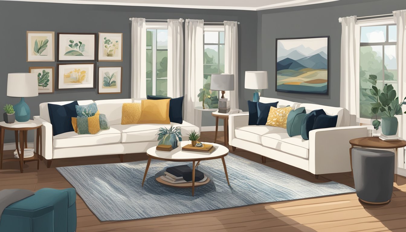 A room with a sofa, coffee table, dining table, chairs, bed, dresser, and nightstands. Decor includes lamps, rugs, and artwork