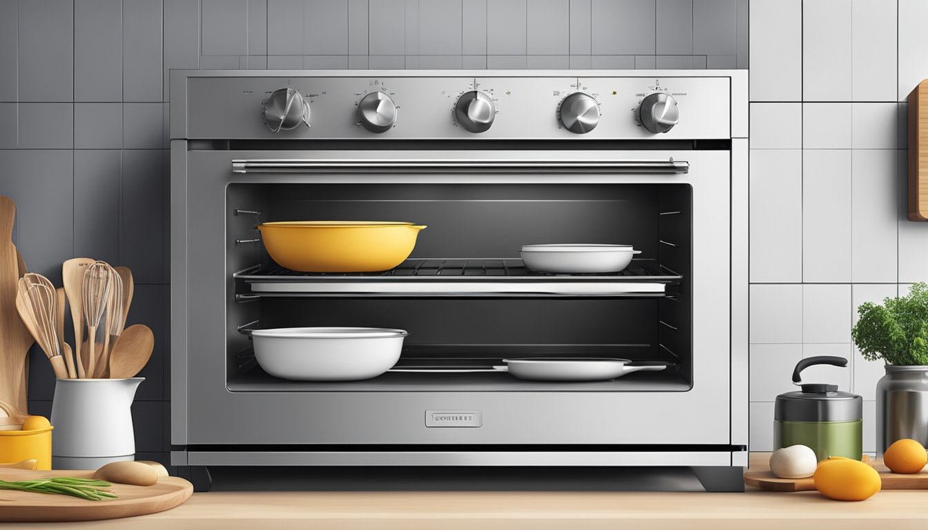A sleek, stainless steel oven with multiple compartments and adjustable shelves. It sits atop a spacious countertop, surrounded by various cooking utensils and ingredients