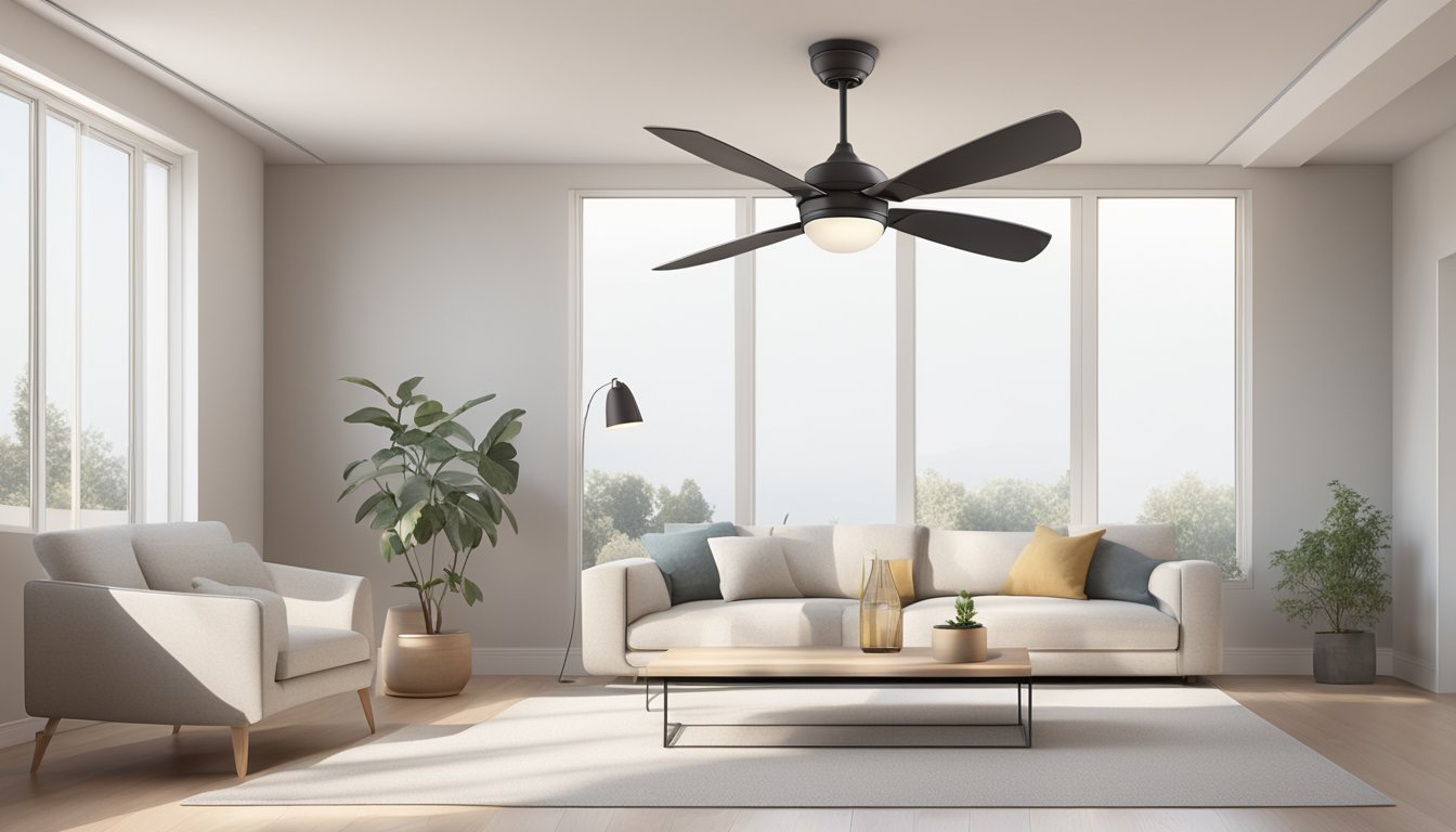 A ceiling fan with lights hanging from a white ceiling in a simple, modern room with minimal furniture and neutral colors