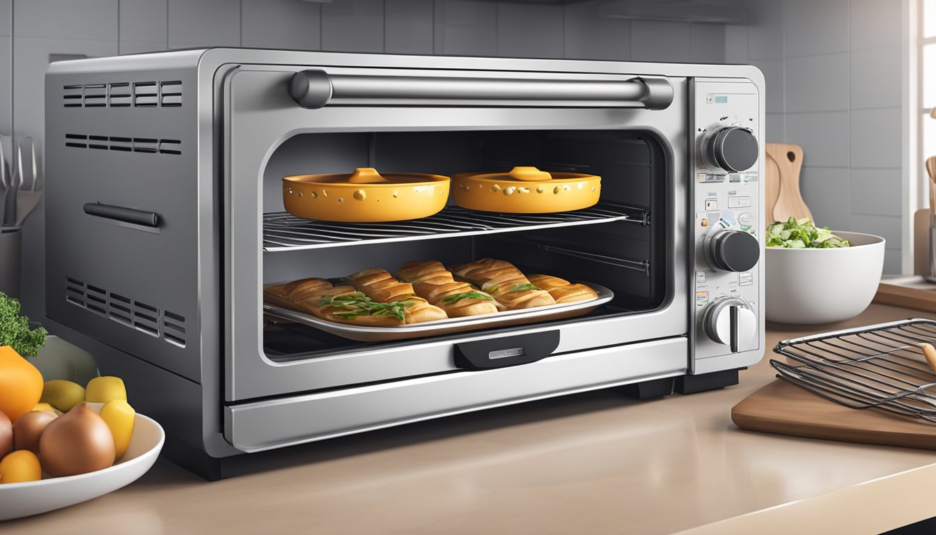 A multi-purpose oven sits on a countertop, with various cooking settings and a digital display. It is surrounded by ingredients and utensils, ready for use