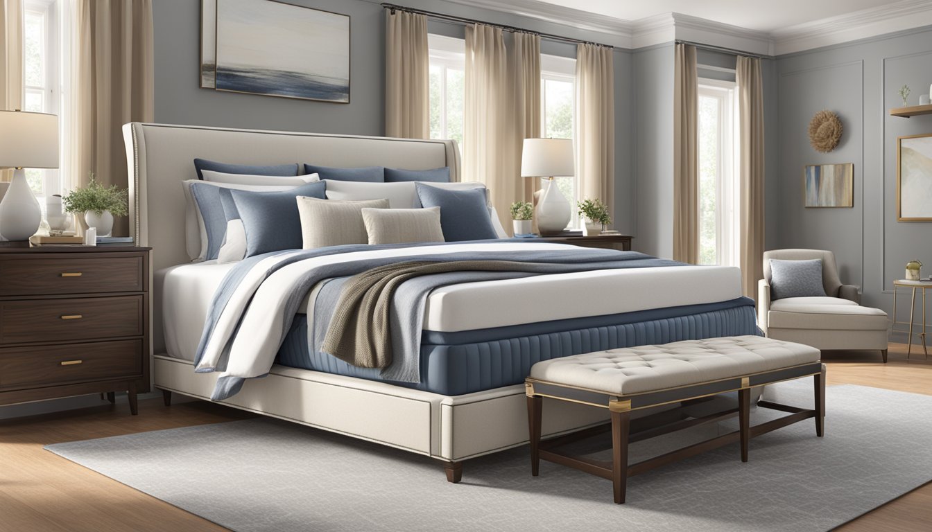 A king mattress sits in a spacious bedroom, adorned with luxurious bedding and surrounded by elegant furniture