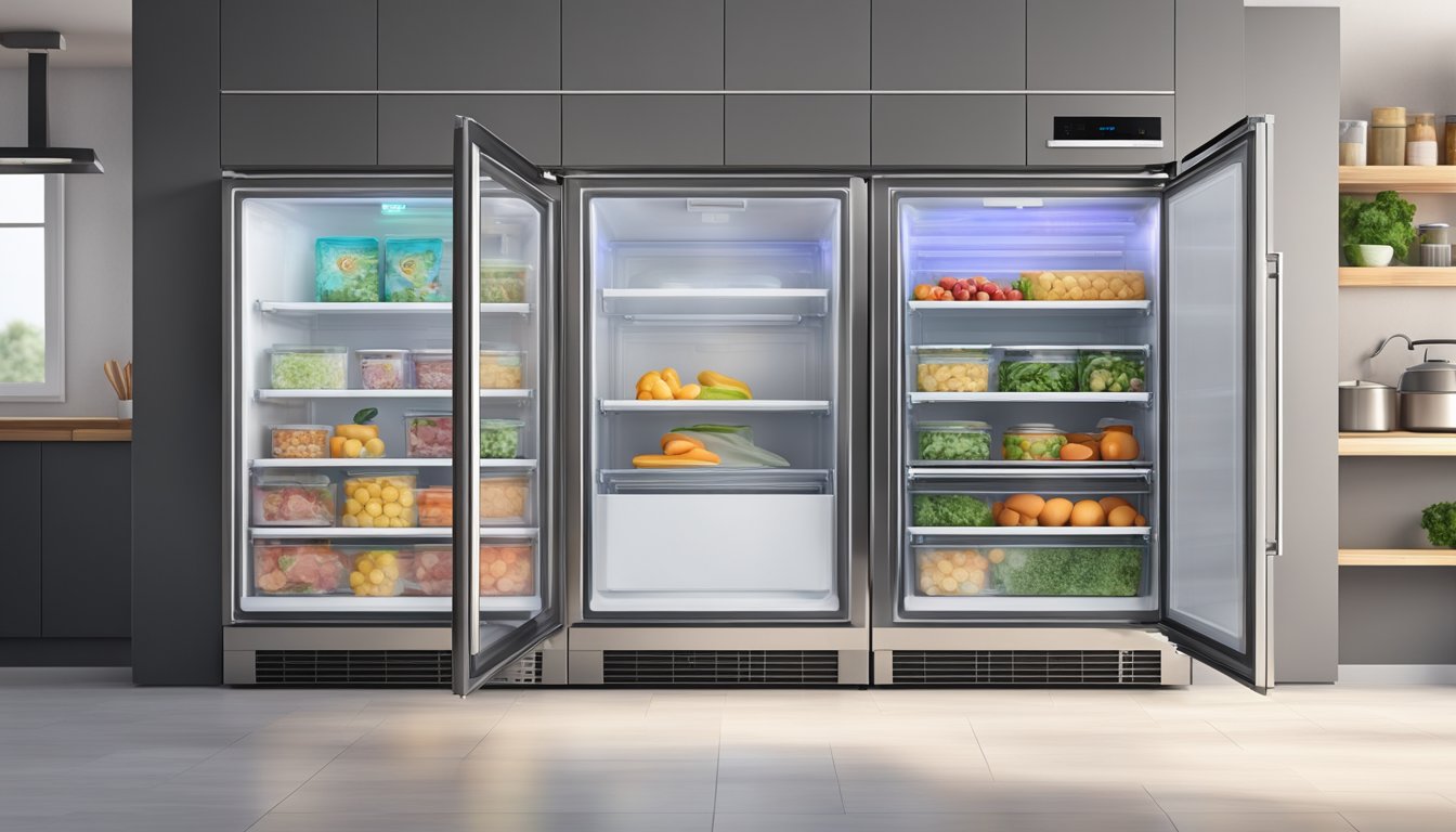 An upright freezer stands in a modern kitchen, sleek and stainless steel, with a transparent door revealing neatly organized frozen food items inside