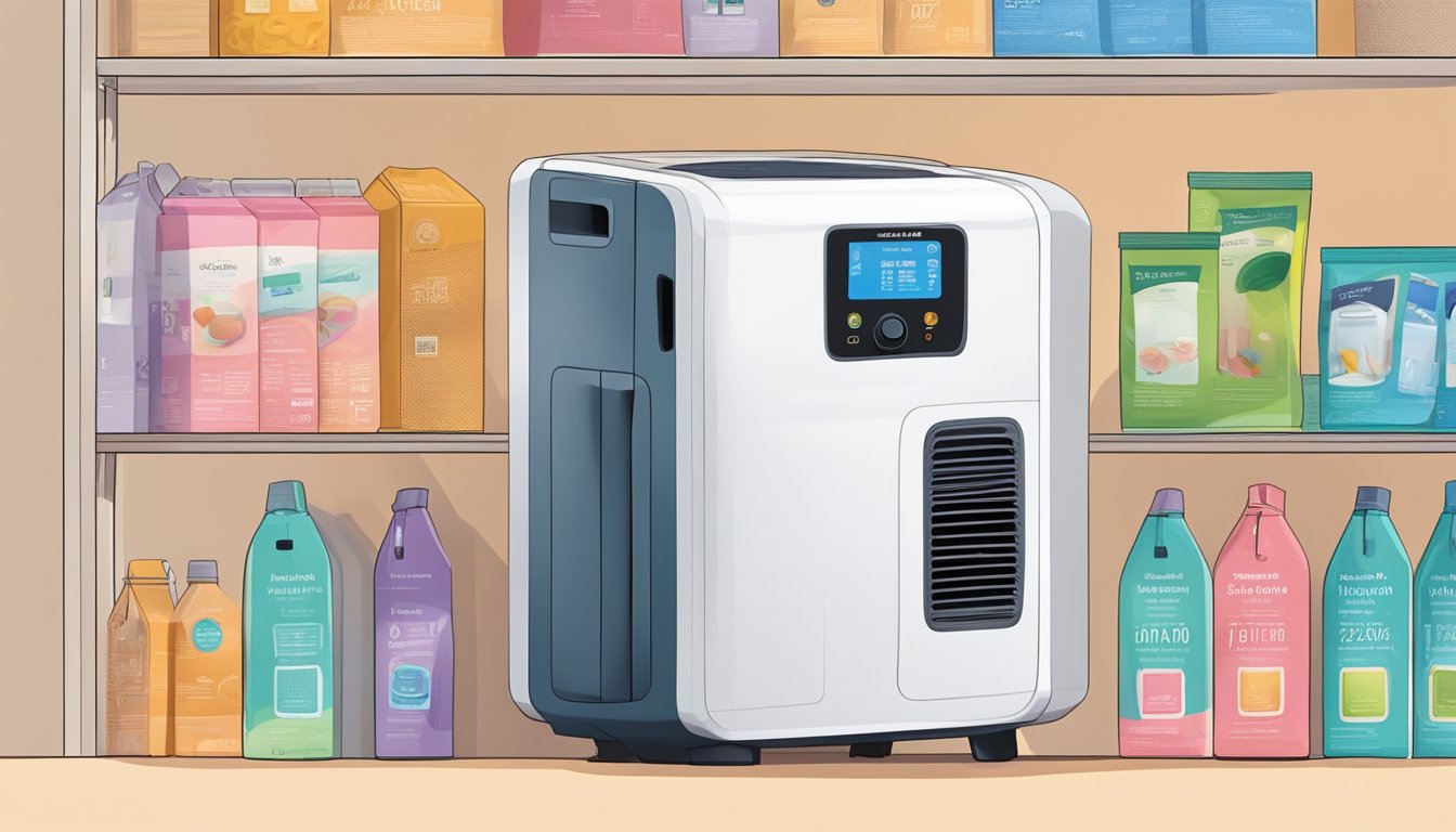 A dehumidifier sits on a shelf in a store, surrounded by price tags and informational pamphlets. The bright, clean packaging catches the eye