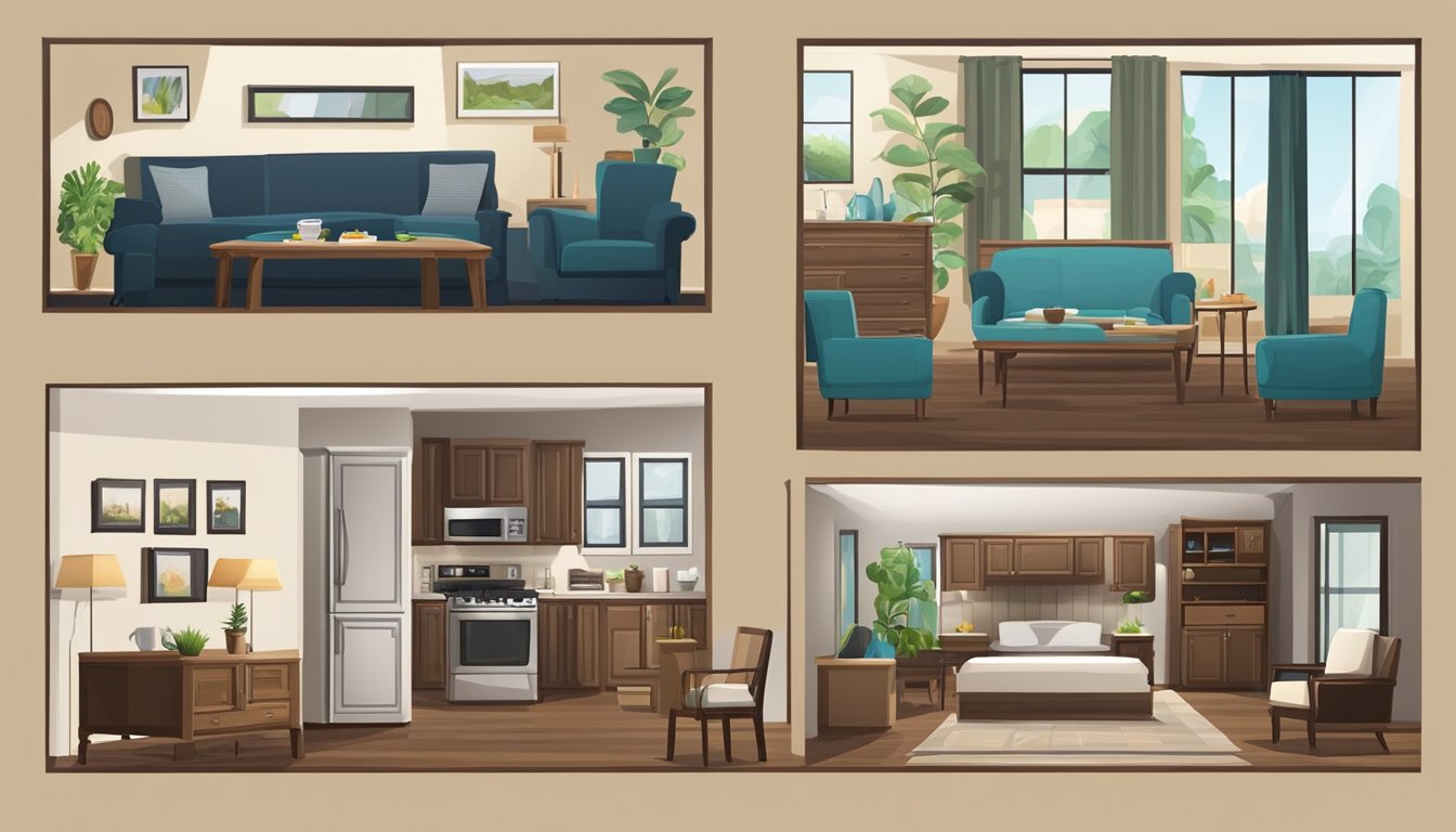 A living room with a sofa, coffee table, and TV stand. A dining room with a table and chairs. A bedroom with a bed, nightstands, and a dresser. A kitchen with a stove, refrigerator, and cabinets