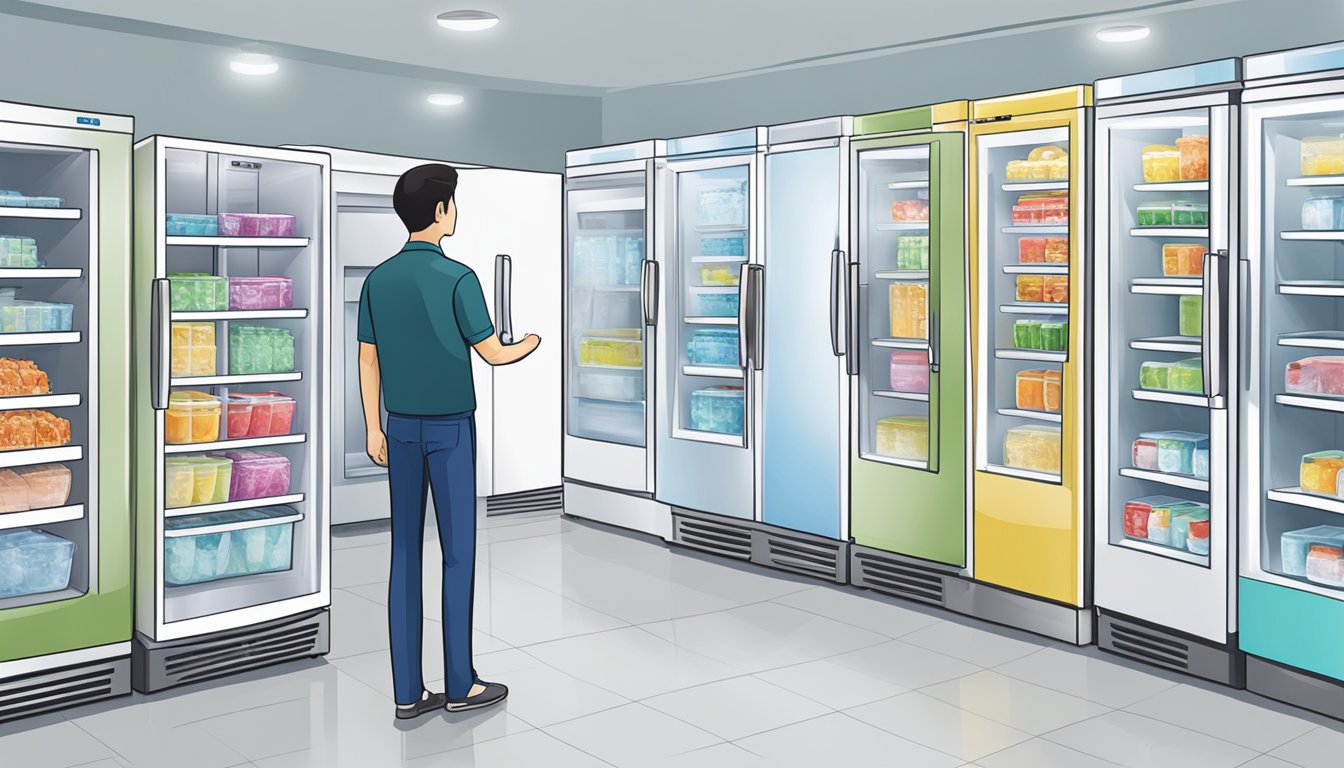 A customer comparing upright freezers in a Singapore appliance store