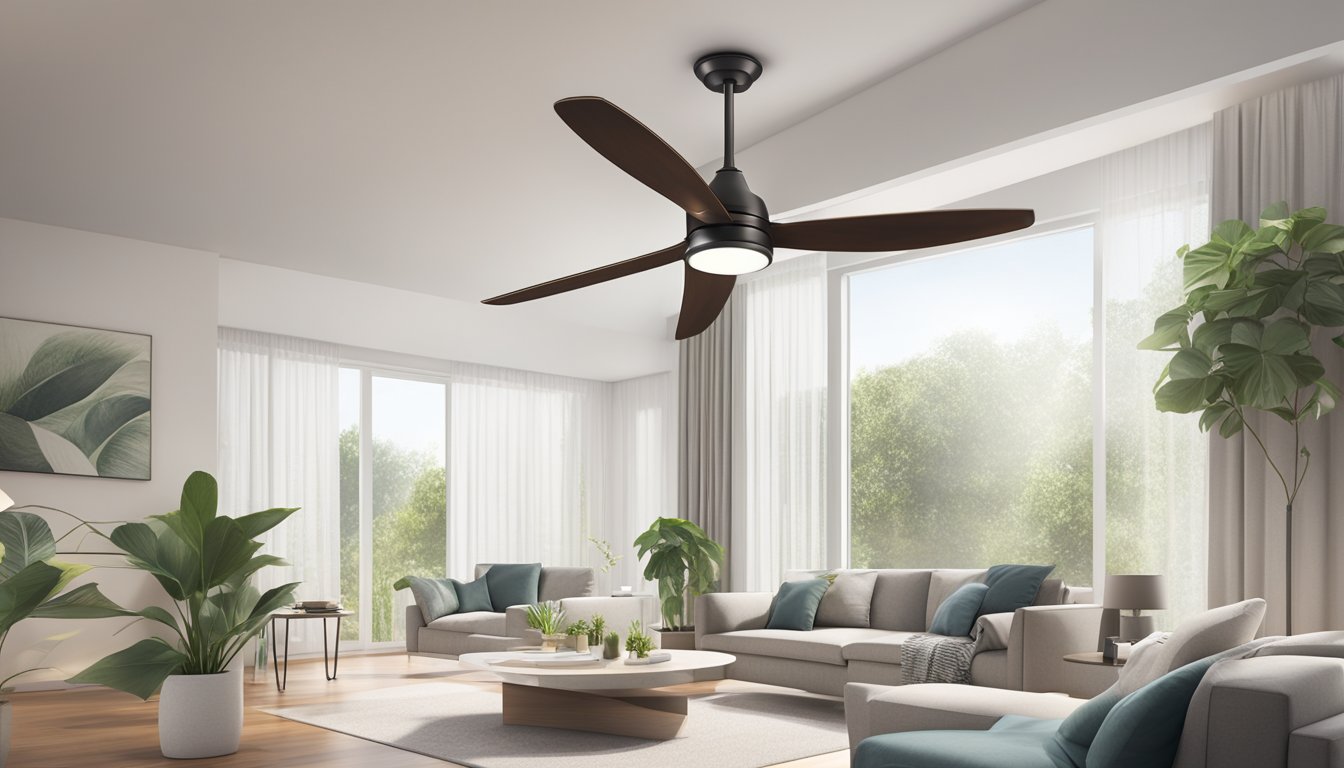 A modern ceiling fan with integrated light fixture hangs from a high ceiling, surrounded by a clean and minimalist interior setting