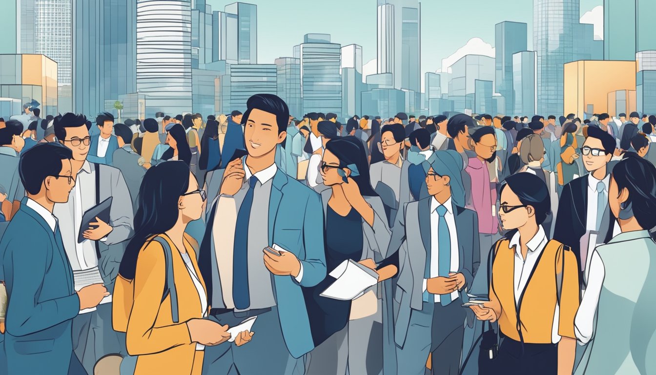 A bustling Singaporean cityscape with skyscrapers and job seekers networking at a career fair, while a confident individual negotiates a higher salary with a potential employer