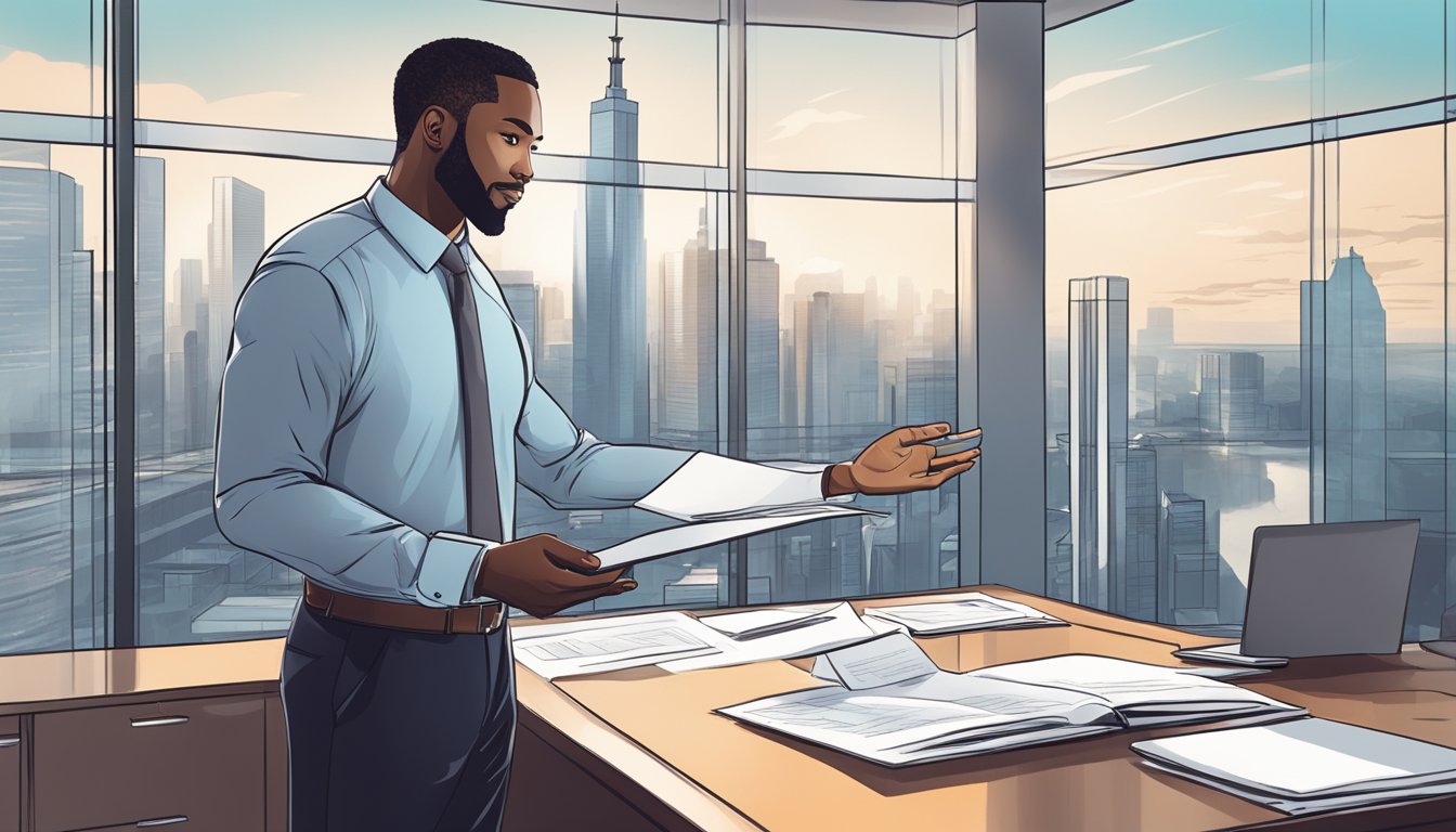 A businessperson confidently presenting a proposal in a sleek office setting with a city skyline in the background