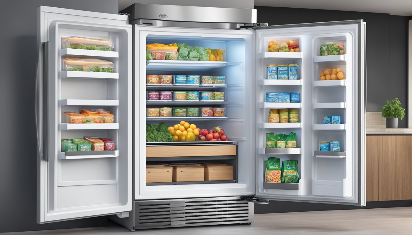 A modern upright freezer in a sleek kitchen, filled with neatly organized frozen food packages. The digital temperature display shows the efficient cooling system