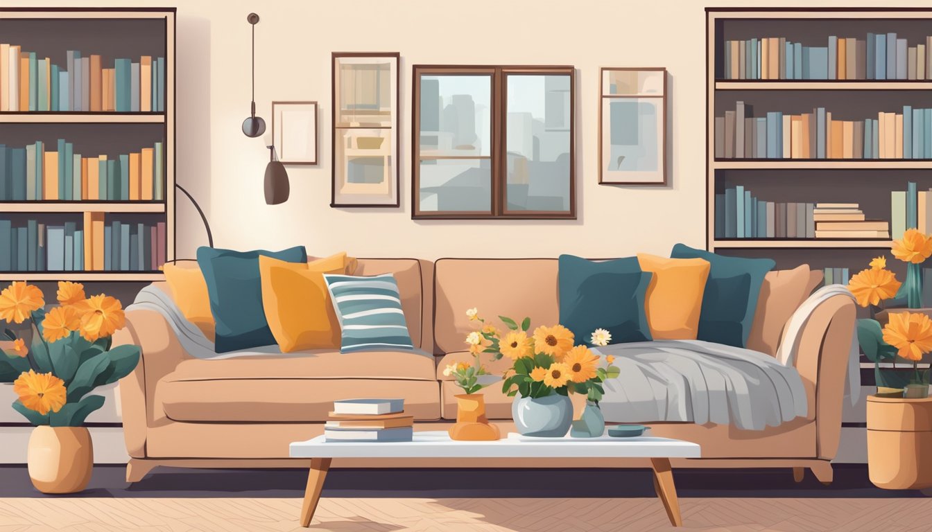 A cozy living room with a plush sofa, a coffee table with a vase of fresh flowers, and soft, warm throw blankets. A bookshelf filled with books and decorative items completes the scene