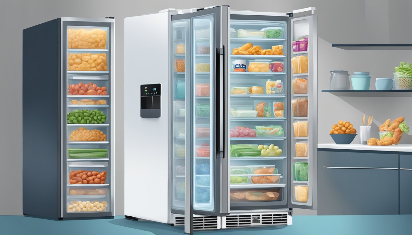 An upright freezer with "Frequently Asked Questions" displayed on the screen, surrounded by various frozen food items and a sleek, modern kitchen backdrop