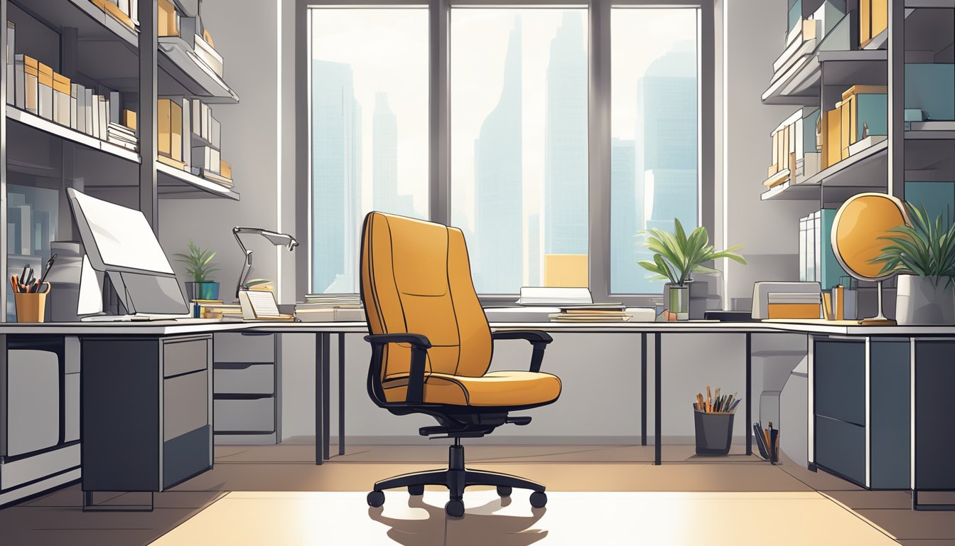 A sleek, ergonomic office chair sits in front of a modern desk, surrounded by shelves of office supplies and a large window with natural light streaming in