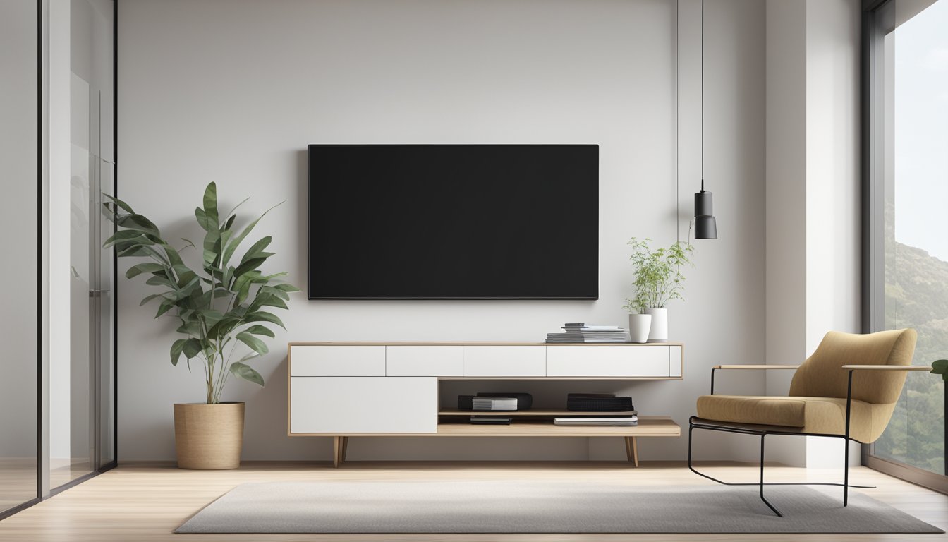 A sleek, modern hanging TV console floats against a white wall, with clean lines and minimalistic design