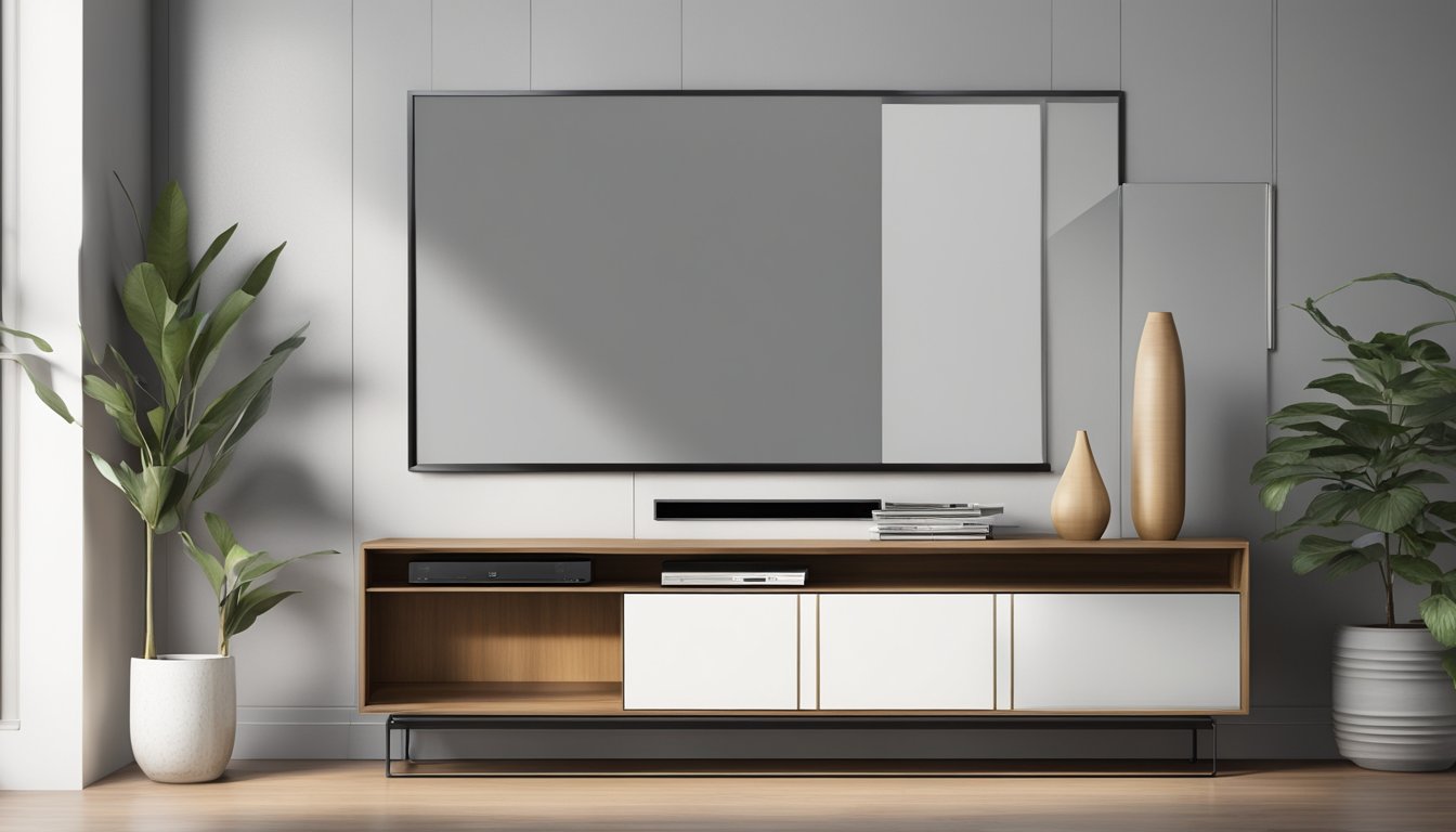 A sleek, modern TV console hangs on the wall, featuring clean lines and minimalist design. The console is accented with a combination of wood and metal, creating a stylish and contemporary aesthetic