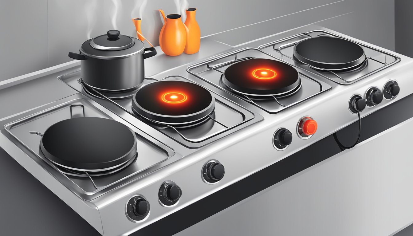 A pot boils on an induction stove next to an electric stove with glowing red coils