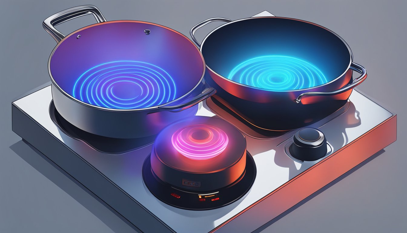 A pot sits on an induction stove, emitting a blue glow, while another pot sits on an electric stove with red coils glowing underneath