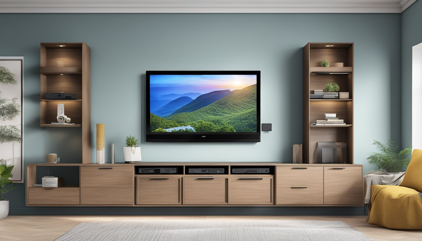 A wall-mounted TV console with cable management and adjustable shelves