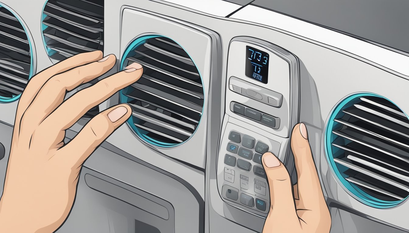A hand adjusts the small aircon's settings, with focus on the control panel and airflow vents