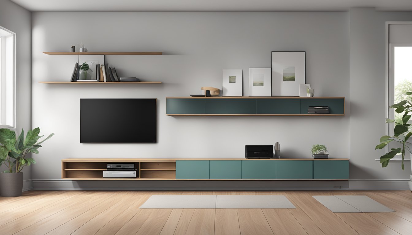 A sleek, modern TV console hangs on the wall, with shelves for electronics and a clean, minimalist design