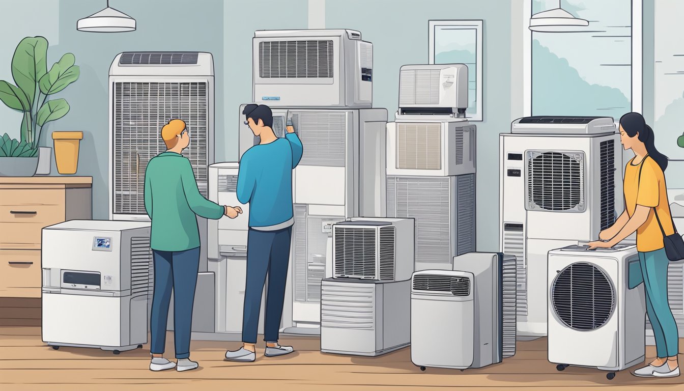 A person choosing a small air conditioner from a variety of models on display