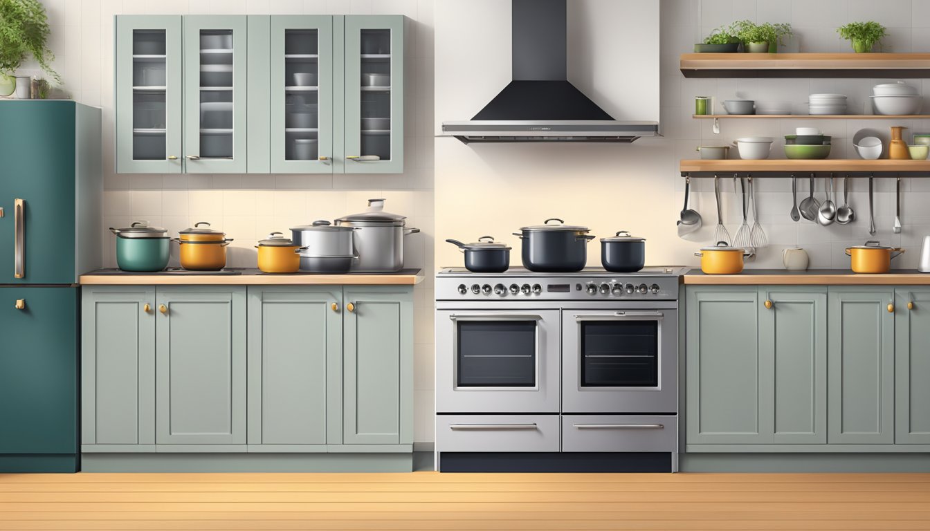 A kitchen with a modern induction stove on one side and a traditional electric stove on the other, with pots and pans ready for use