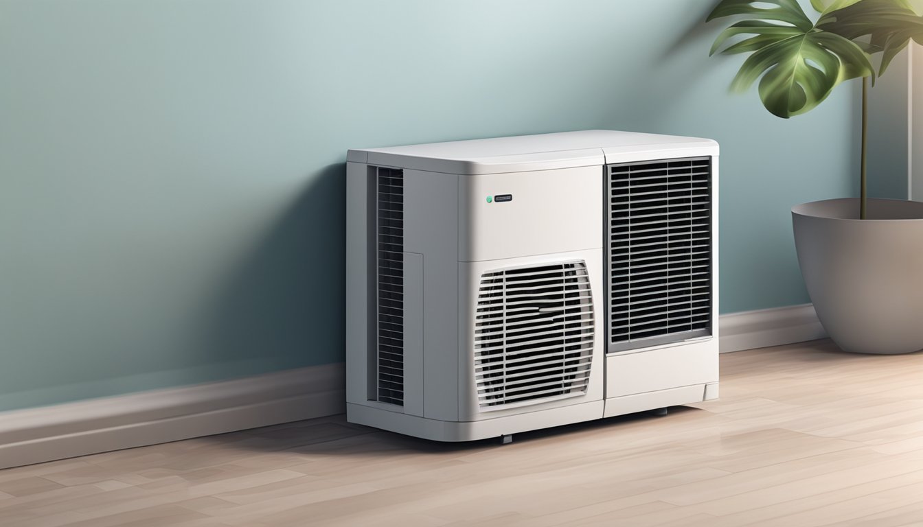 A small air conditioner hums quietly in a corner, its vents blowing cool air into the room