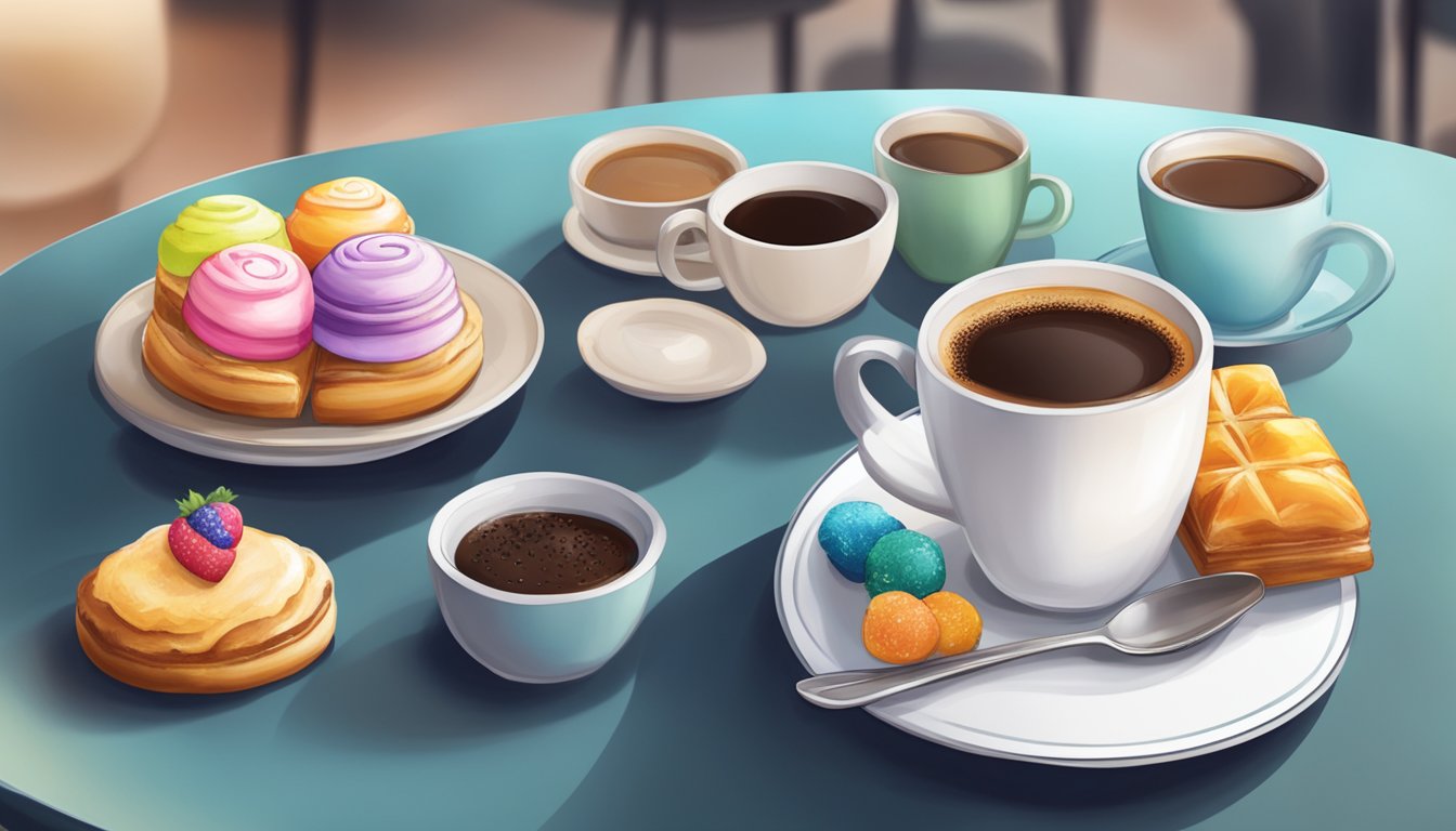 A small table in a cafe in Singapore, adorned with a steaming cup of coffee and a plate of colorful pastries