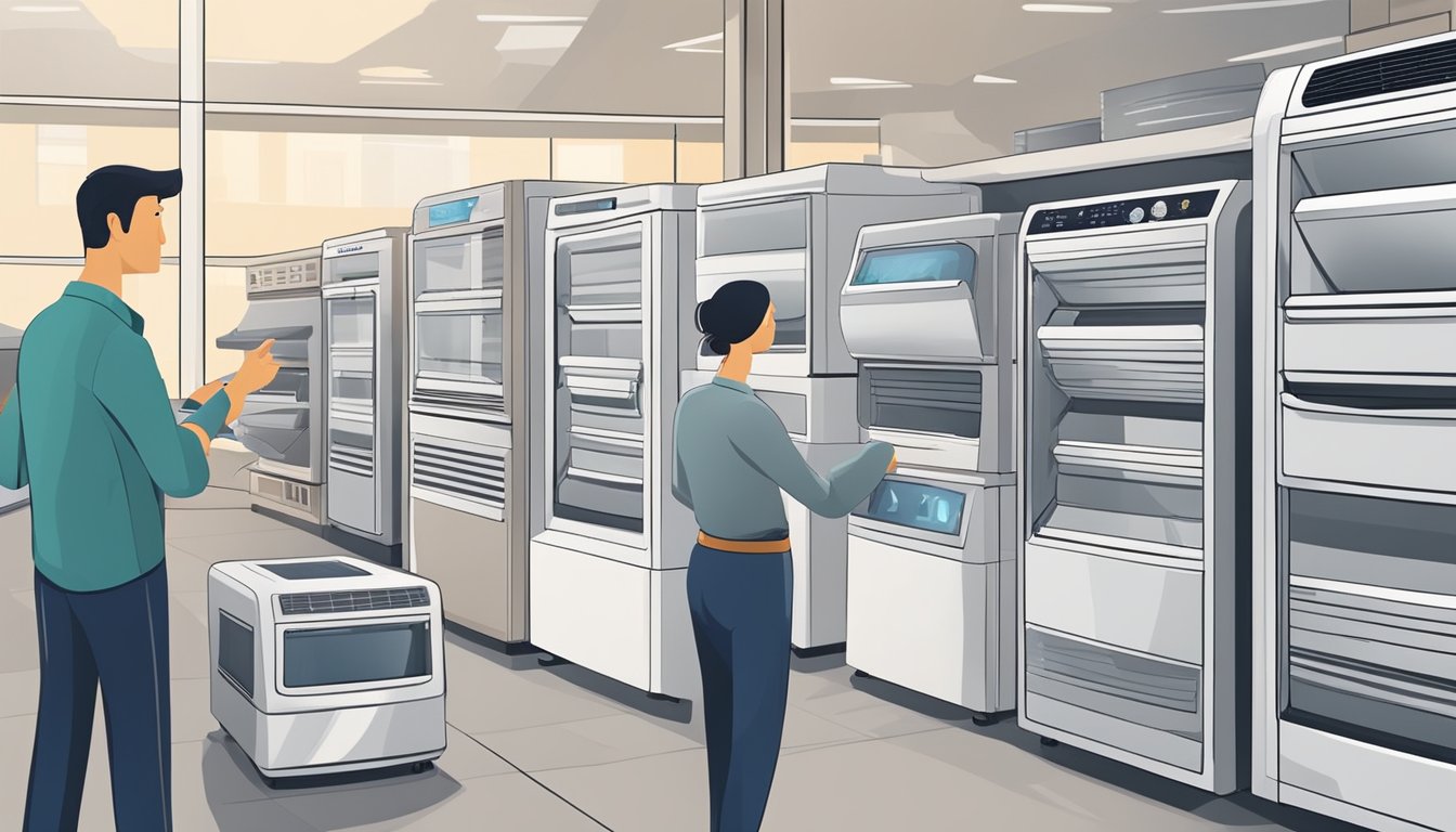 A small air conditioner is being selected from a display of various models in a home appliance store. The customer carefully compares the features and sizes before making a decision