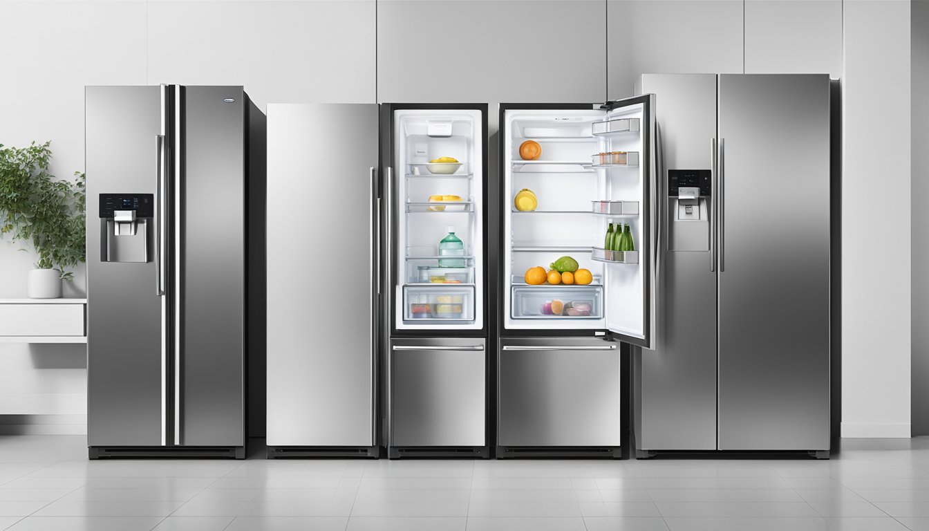 A fridge measuring 180cm in height, 70cm in width, and 60cm in depth, standing against a white wall with a stainless steel finish