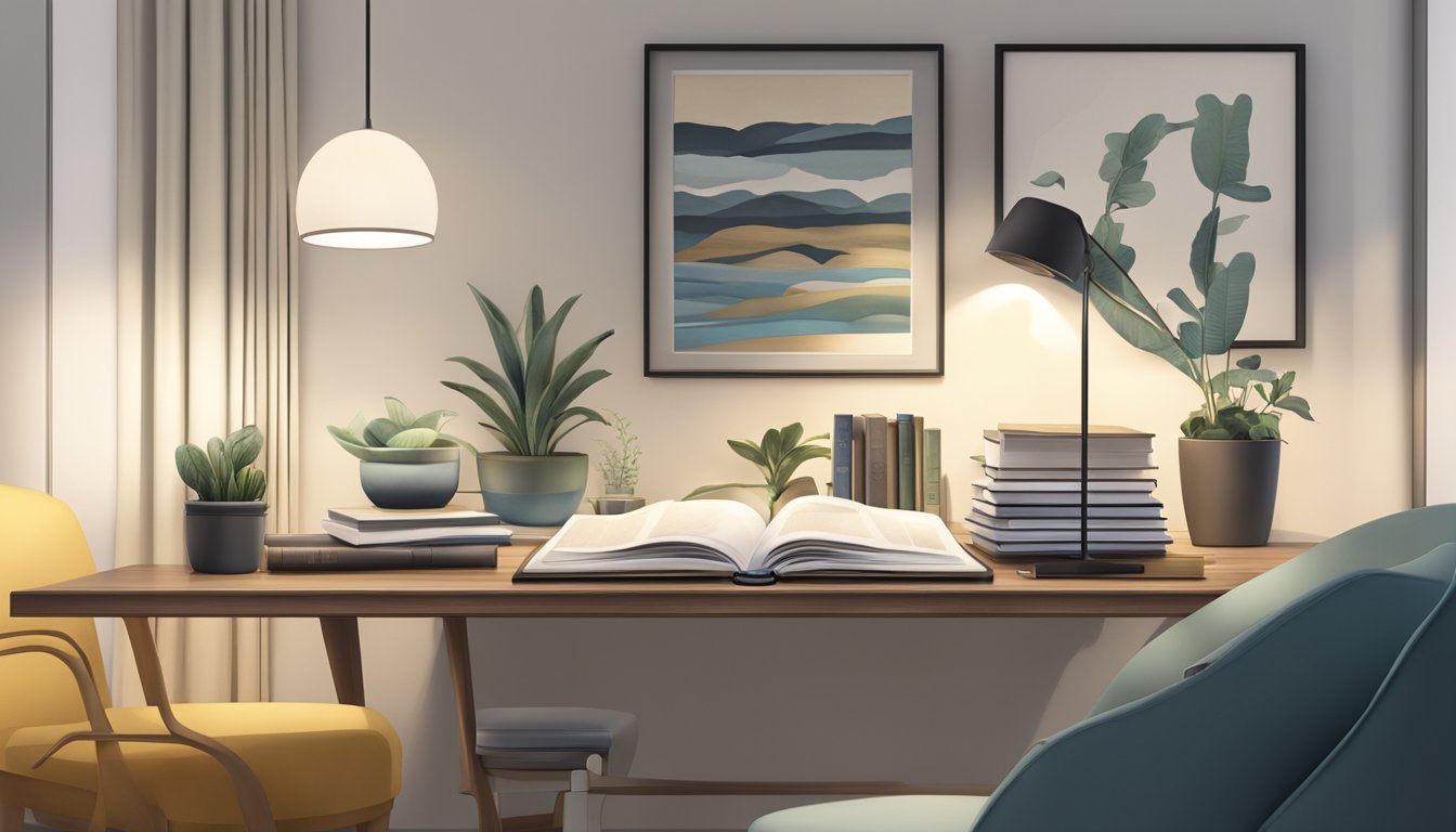 A small table in a modern Singapore apartment, adorned with a sleek lamp and a stack of books, serving as both a decorative piece and a functional surface for everyday use