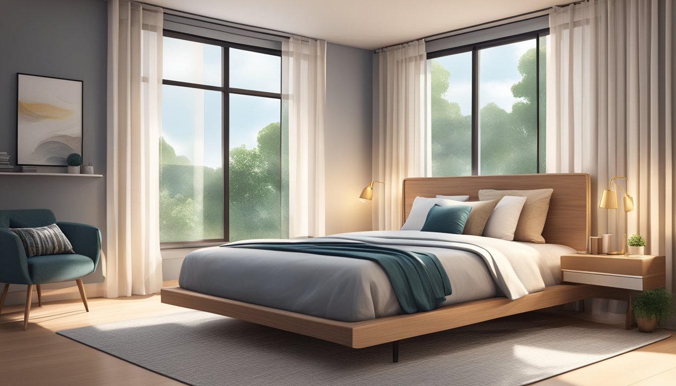 A cozy bedroom with a modern bed, soft pillows, and a sleek bedside table. The room is well-lit with natural light streaming in from a large window