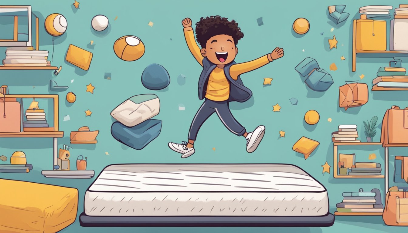 A person jumping onto a super single mattress, surrounded by a variety of options, with a look of excitement on their face