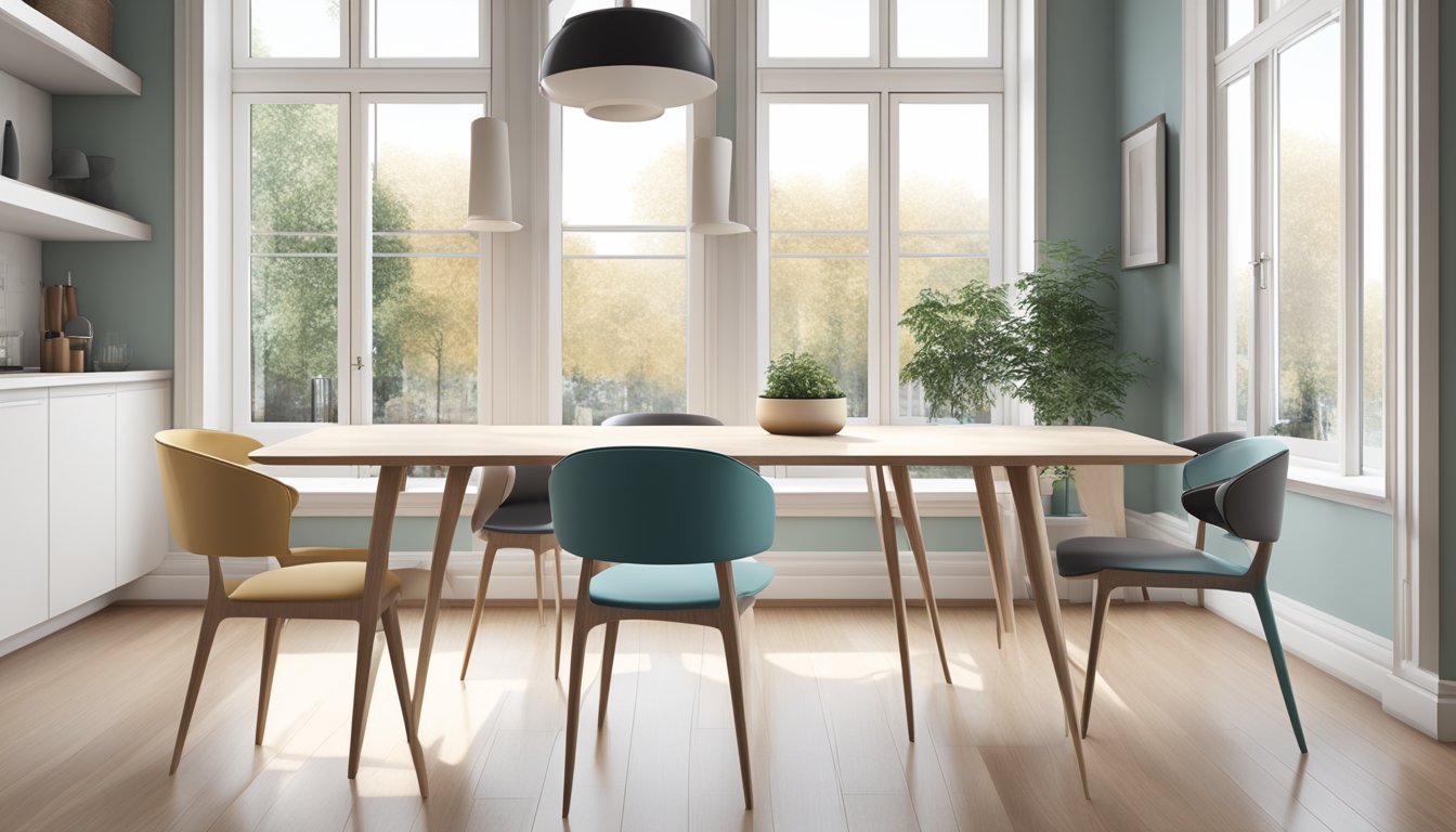 Four sleek Scandinavian dining chairs arranged around a minimalist table in a bright, airy room with large windows and simple, modern decor